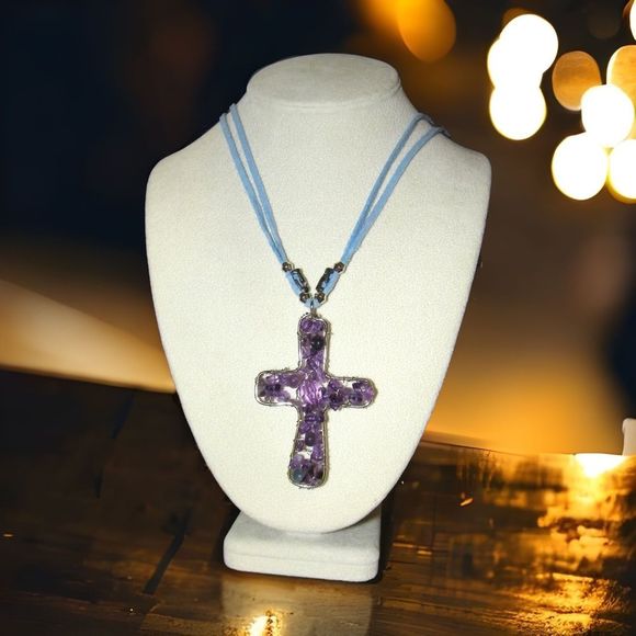 Big Amethyst Cross on Suede Double Cord Necklace NWT!! - Picture 1 of 2